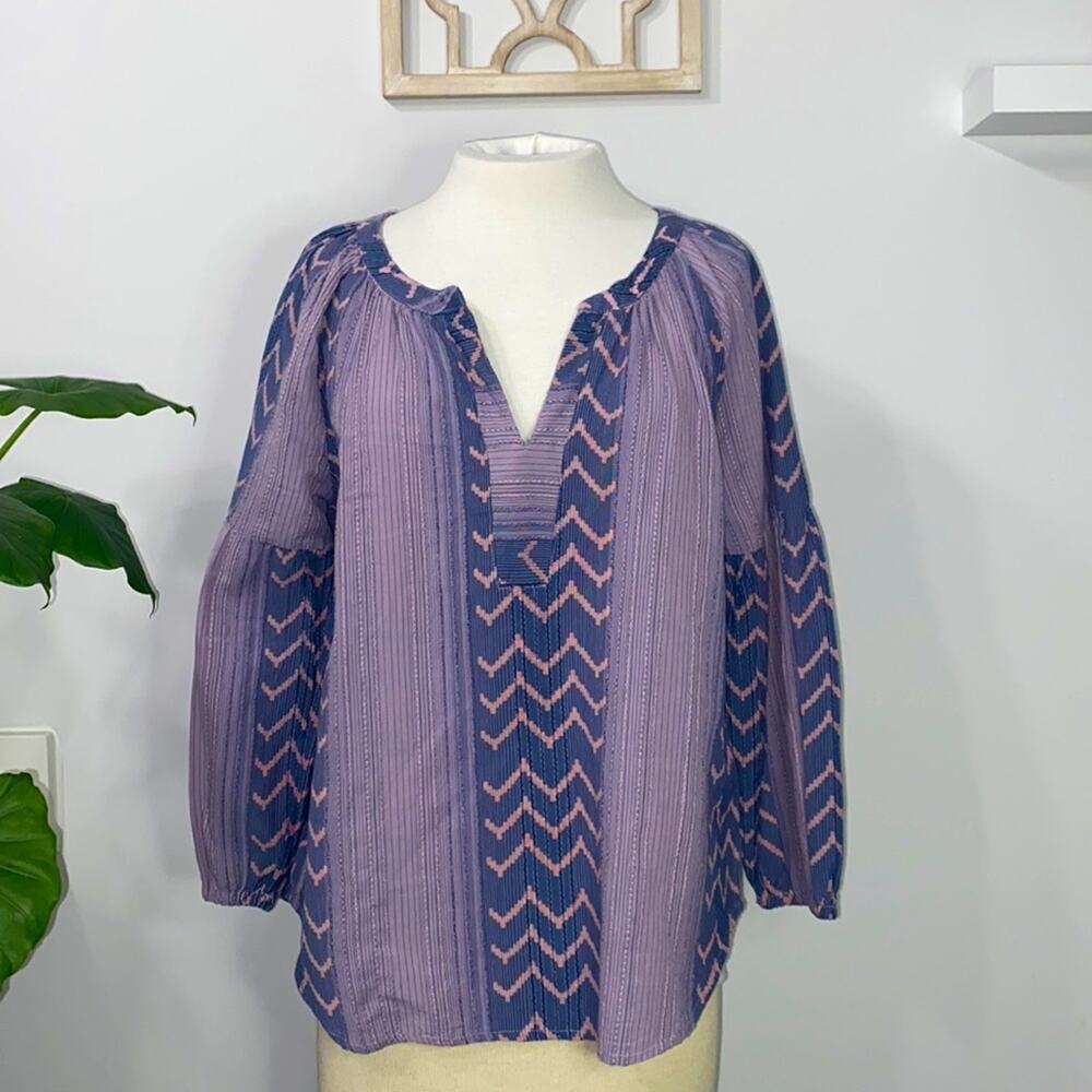Dylan True Grit Extra Small Purple Blue Peasant Boho Print Balloon Sleeve Blouse